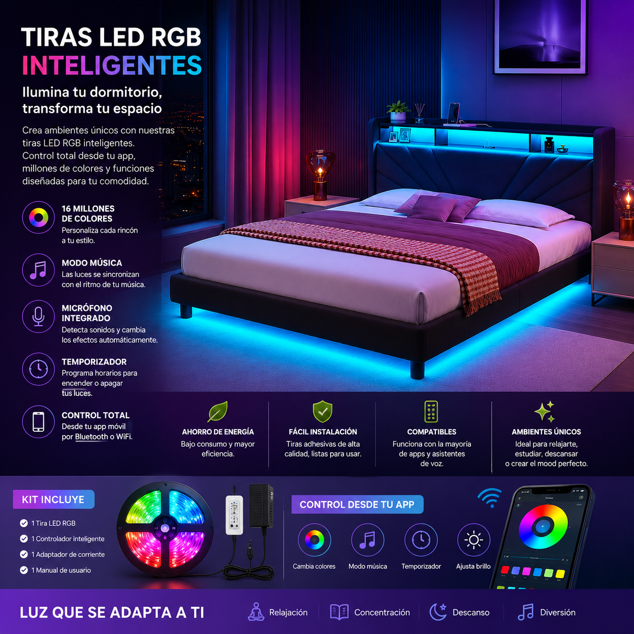 Tira LED RGB Inteligente – Control por App y Mando a Distancia